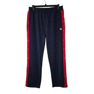 FILA Vintage Snap Track Pants – Navy & Red Striped Retro Athletic Style